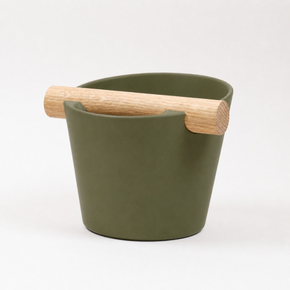 Nordic Espresso Knock Box Medium Size with real oak wood bar in matte olive green
