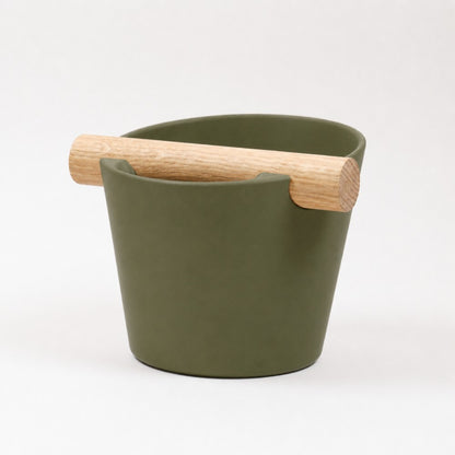 Nordic Espresso Knock Box Medium Size with real oak wood bar in matte olive green