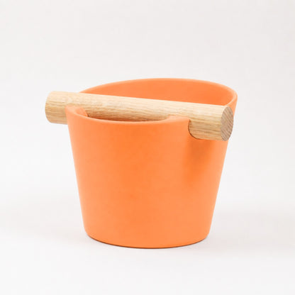 Nordic Espresso Knock Box Medium Size with real oak wood bar in matte orange