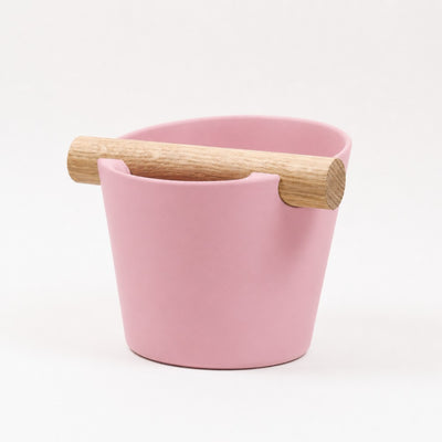 Nordic Espresso Knock Box Medium Size with real oak wood bar in matte pink