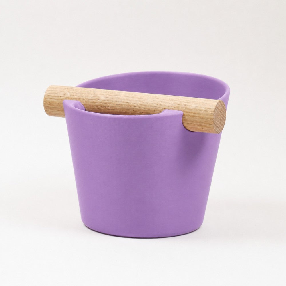 Nordic Espresso Knock Box Medium Size with real oak wood bar in matte purple