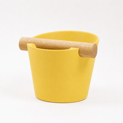Nordic Espresso Knock Box Medium Size with real oak wood bar in matte yellow