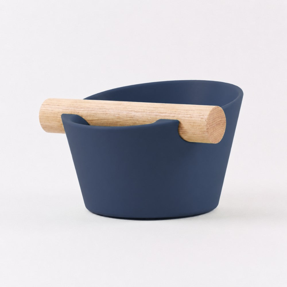 Nordic Espresso Knock Box Small Size with real oak wood bar in matte dark blue