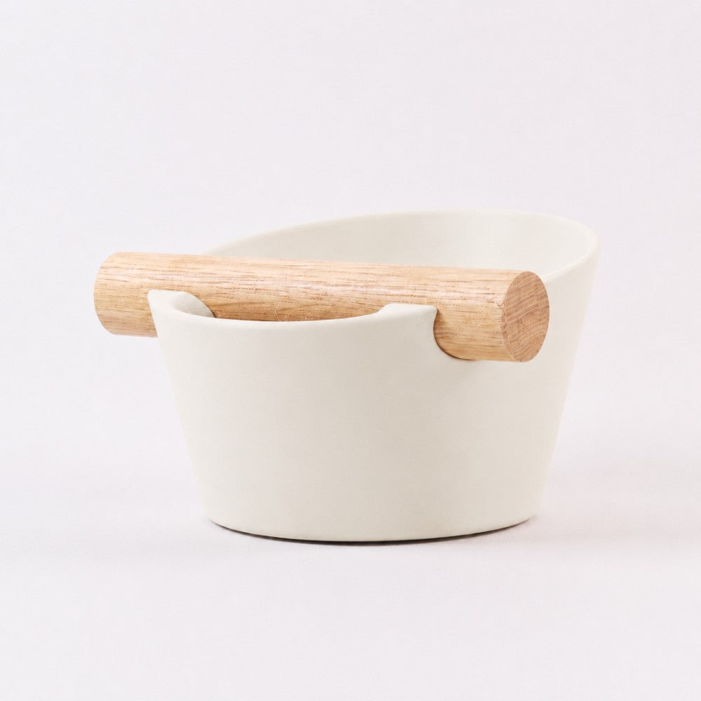 Nordic Espresso Knock Box Small Size with real oak wood bar in matte ivory white