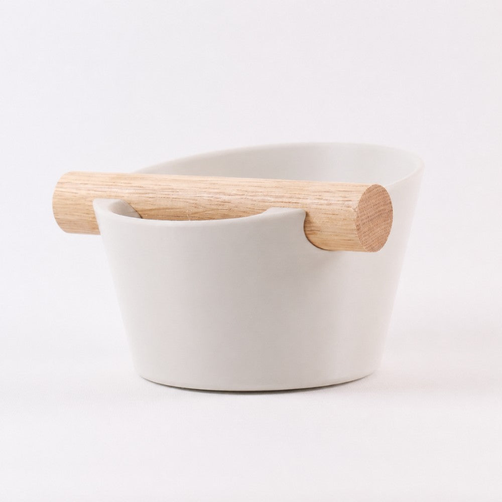 Nordic Espresso Knock Box Small Size with real oak wood bar in matte off white