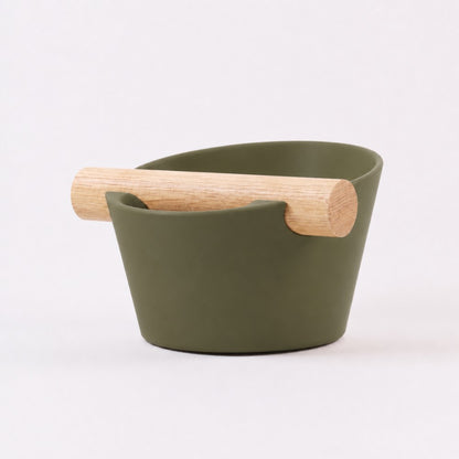 Nordic Espresso Knock Box Small Size with real oak wood bar in matte olive green