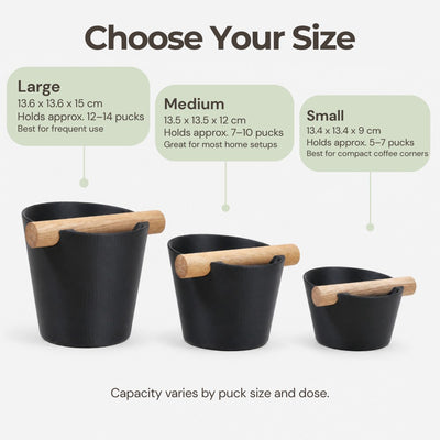Size chart for small, medium, and large KNOCDIC straight-sided Nordic coffee knock boxes with espresso puck capacities.