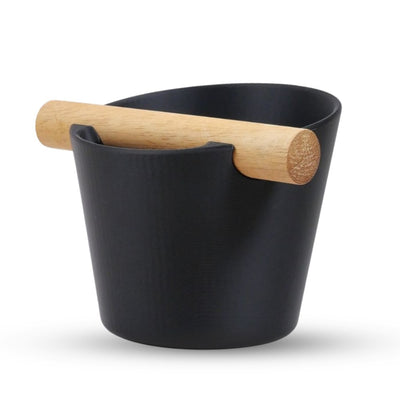 KNOCDIC Black Nordic Espresso Knock Box with real oak wood bar on a solid white background.