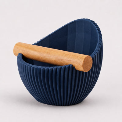 Nova Ribbed Espresso Knock Box with real oak wood bar in matte dark blue