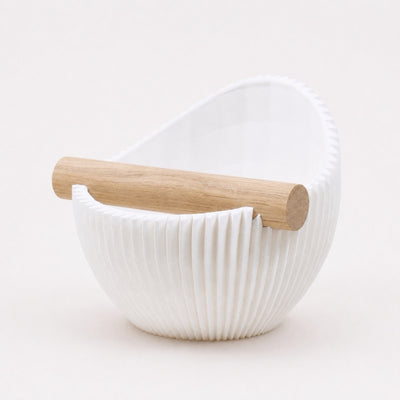 Nova Ribbed Espresso Knock Box with real oak wood bar in matte ivory white