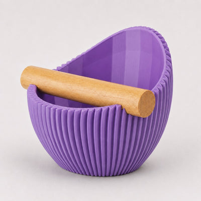 Nova Ribbed Espresso Knock Box with real oak wood bar in matte purple