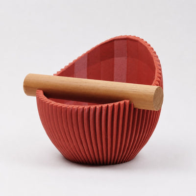 Nova Ribbed Espresso Knock Box with real oak wood bar in marble red