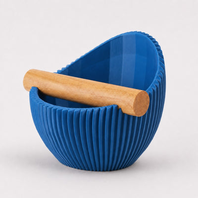 Nova Ribbed Espresso Knock Box with real oak wood bar in matte marine blue