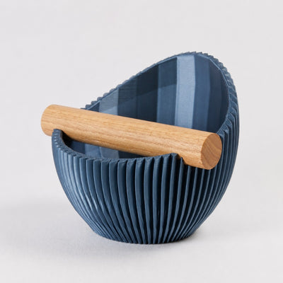 Nova Ribbed Espresso Knock Box with real oak wood bar in metallic blue