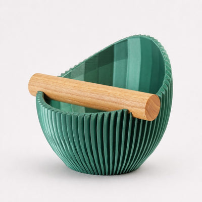 Nova Ribbed Espresso Knock Box with real oak wood bar in metallic green