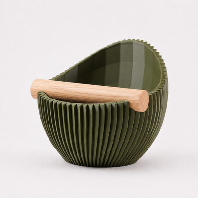 Nova Ribbed Espresso Knock Box with real oak wood bar in matte olive green