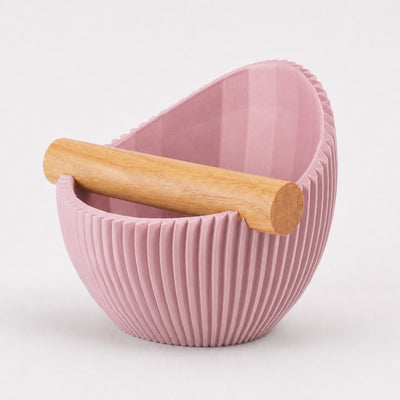 Nova Ribbed Espresso Knock Box with real oak wood bar in matte pink
