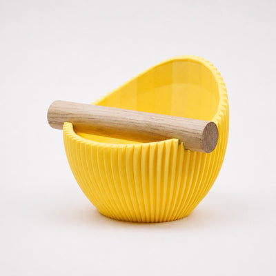 Nova Ribbed Espresso Knock Box with real oak wood bar in matte yellow