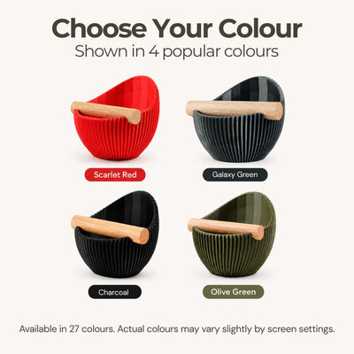 Color display chart showing Nova ribbed espresso knock boxes in Charcoal, Scarlet Red, Galaxy Green and Olive Green.