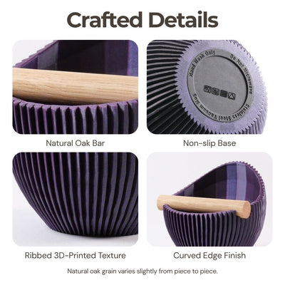 Close-up product details diagram featuring the oak bar, non-slip base, ribbed 3d-printed texture, and curved edge.
