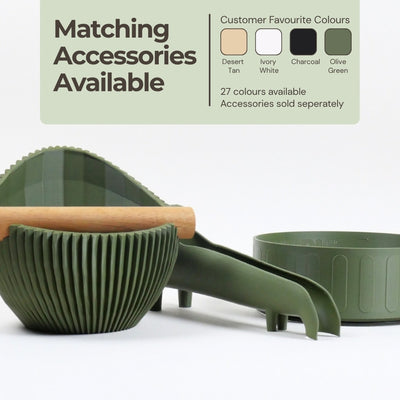 Matching KNOCDIC espresso accessories line showing a portafilter stand and coffee tools alongside the ribbed knock box.
