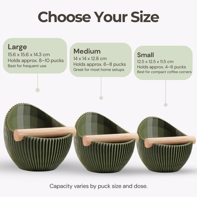 Size options chart for small, medium, and large KNOCDIC Nova ribbed coffee knock boxes showing puck capacity.