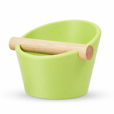Oval Espresso Knock Box with real oak wood bar in Matte Apple Green