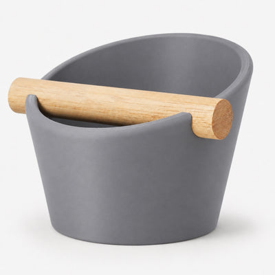 Oval Espresso Knock Box with real oak wood bar in Matte Ash Grey