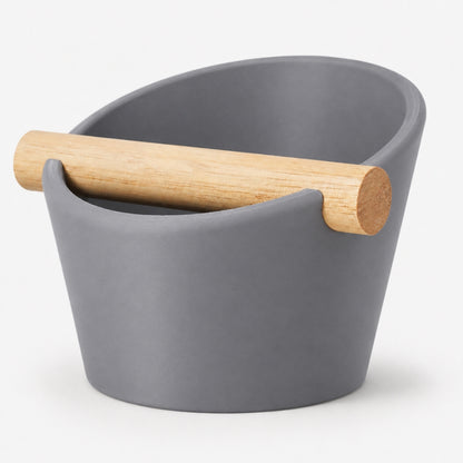 Oval Espresso Knock Box with real oak wood bar in Matte Ash Grey