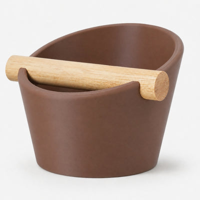 Oval Espresso Knock Box with real oak wood bar in Matte Brown
