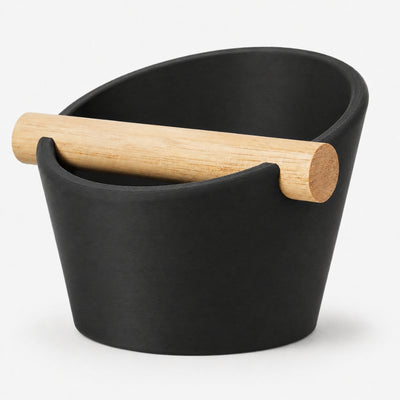 Oval Espresso Knock Box with real oak wood bar in Matte Charcoal / Black