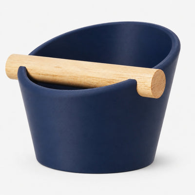 Oval Espresso Knock Box with real oak wood bar in Matte Dark Blue