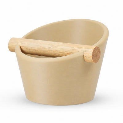 Oval Espresso Knock Box with real oak wood bar in Dersert Tan