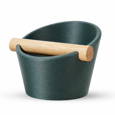 Oval Espresso Knock Box with real oak wood bar in Galaxy Green