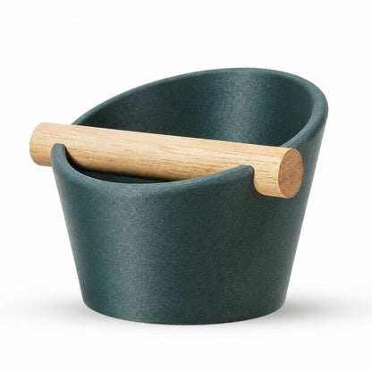 Oval Espresso Knock Box with real oak wood bar in Galaxy Green
