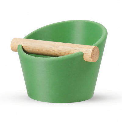 Oval Espresso Knock Box with real oak wood bar in Matte Grass Green