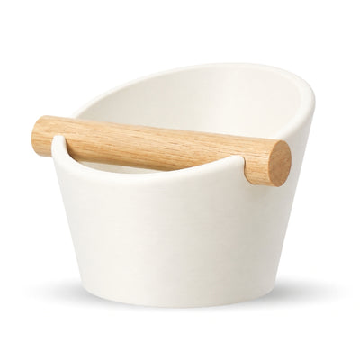 Oval Espresso Knock Box with real oak wood bar in Matte Ivory White