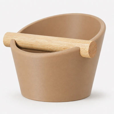 Oval Espresso Knock Box with real oak wood bar in Matte Latte Brown