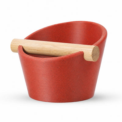 Oval Espresso Knock Box with real oak wood bar in Marble Red