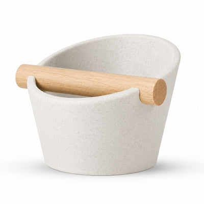 Oval Espresso Knock Box with real oak wood bar in Marble White