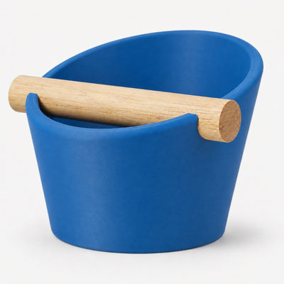 Oval Espresso Knock Box with real oak wood bar in Matte Marine Blue