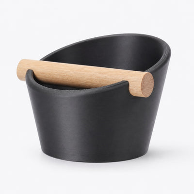 Oval Espresso Knock Box with real oak wood bar in Metallic Black