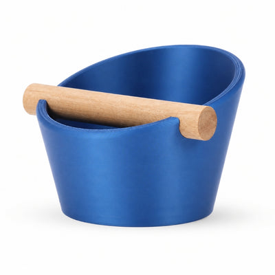 Oval Espresso Knock Box with real oak wood bar in Metallic Blue