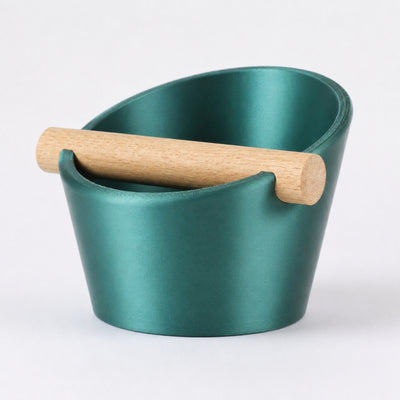 Oval Espresso Knock Box with real oak wood bar in Metallic Green