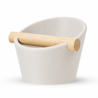 Oval Espresso Knock Box with real oak wood bar in Matte Off White