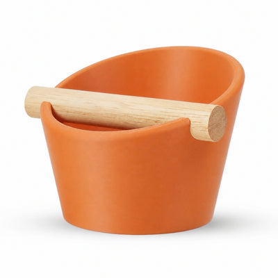 Oval Espresso Knock Box with real oak wood bar in Matte Orange