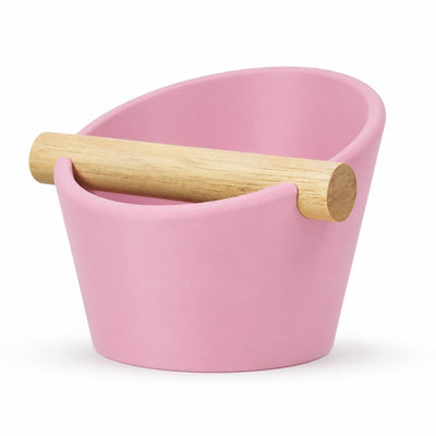 Oval Espresso Knock Box with real oak wood bar in Matte Pink