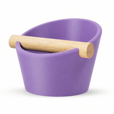 Oval Espresso Knock Box with real oak wood bar in Matte Purple