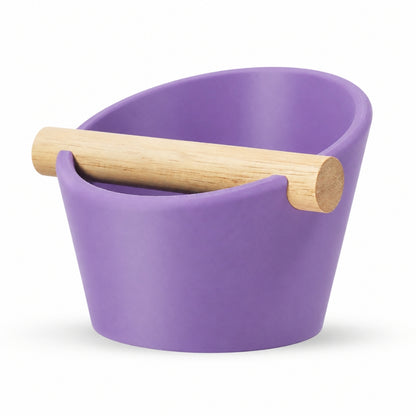 Oval Espresso Knock Box with real oak wood bar in Matte Purple