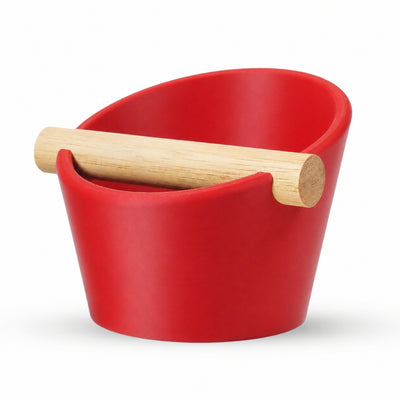 Oval Espresso Knock Box with real oak wood bar in Matte Red